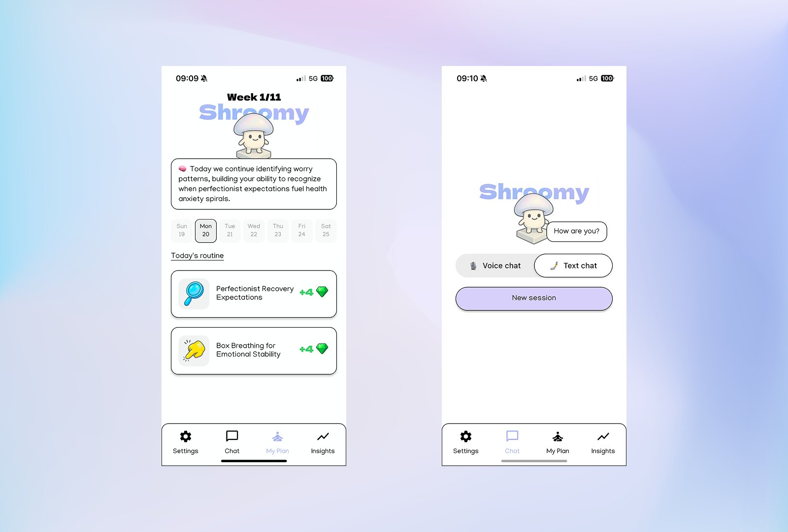 Shroomy app screens showing weekly plan and chat interface